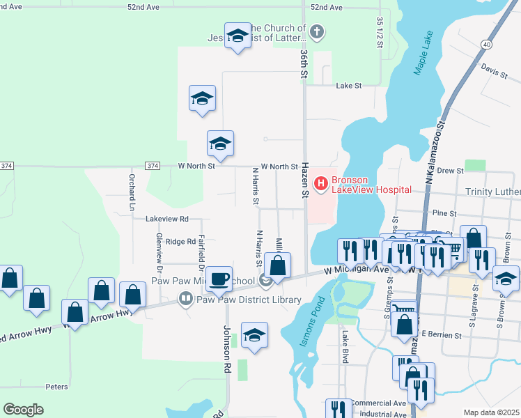 map of restaurants, bars, coffee shops, grocery stores, and more near 319 West Willard Street in Paw Paw