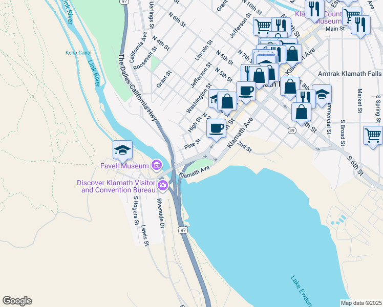 map of restaurants, bars, coffee shops, grocery stores, and more near 39 Main Street in Klamath Falls