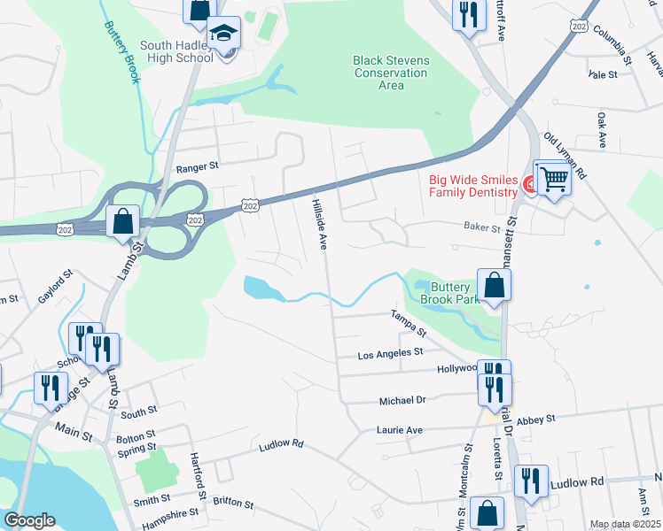 map of restaurants, bars, coffee shops, grocery stores, and more near 22 Hillside Avenue in South Hadley