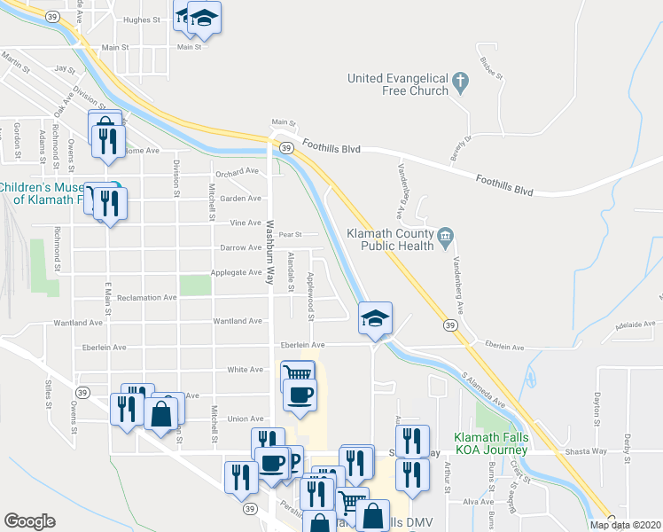 map of restaurants, bars, coffee shops, grocery stores, and more near 1009 Merryman Drive in Klamath Falls