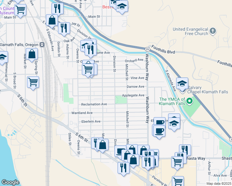 map of restaurants, bars, coffee shops, grocery stores, and more near 935 Division Street in Klamath Falls
