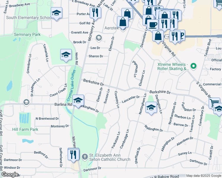 map of restaurants, bars, coffee shops, grocery stores, and more near 355 Berkshire Drive in Crystal Lake