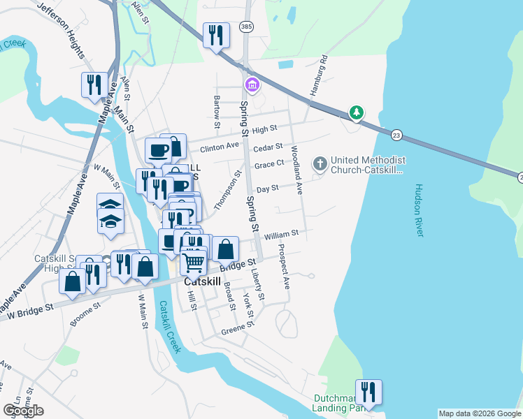 map of restaurants, bars, coffee shops, grocery stores, and more near 56 Spring Street in Catskill
