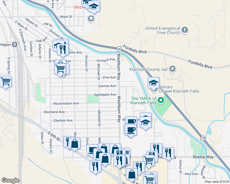 map of restaurants, bars, coffee shops, grocery stores, and more near 2525 Applegate Avenue in Klamath Falls