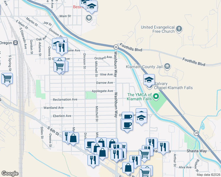 map of restaurants, bars, coffee shops, grocery stores, and more near 2525 Applegate Avenue in Klamath Falls
