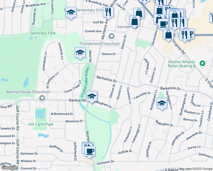 map of restaurants, bars, coffee shops, grocery stores, and more near 417 Berkshire Drive in Crystal Lake
