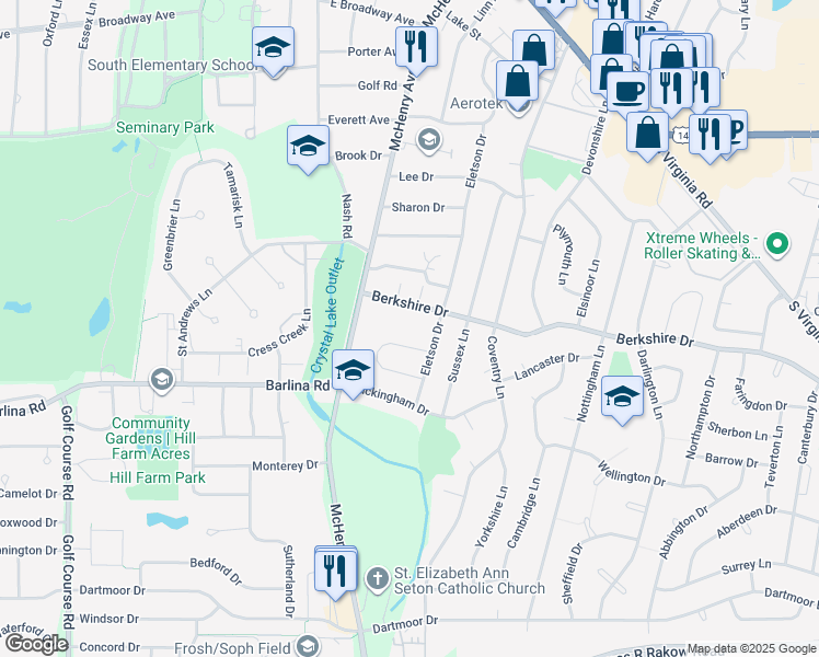 map of restaurants, bars, coffee shops, grocery stores, and more near 413 Berkshire Drive in Crystal Lake
