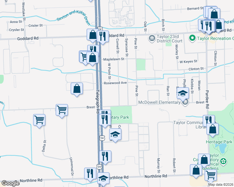 map of restaurants, bars, coffee shops, grocery stores, and more near 11732 Cornell Street in Taylor