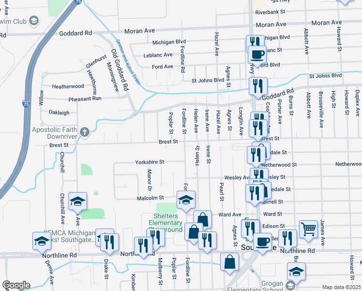 map of restaurants, bars, coffee shops, grocery stores, and more near 14533 Brest Street in Southgate