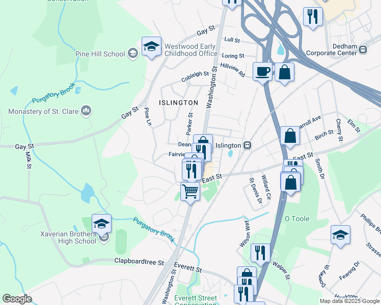 map of restaurants, bars, coffee shops, grocery stores, and more near 19 Fairview Street in Westwood