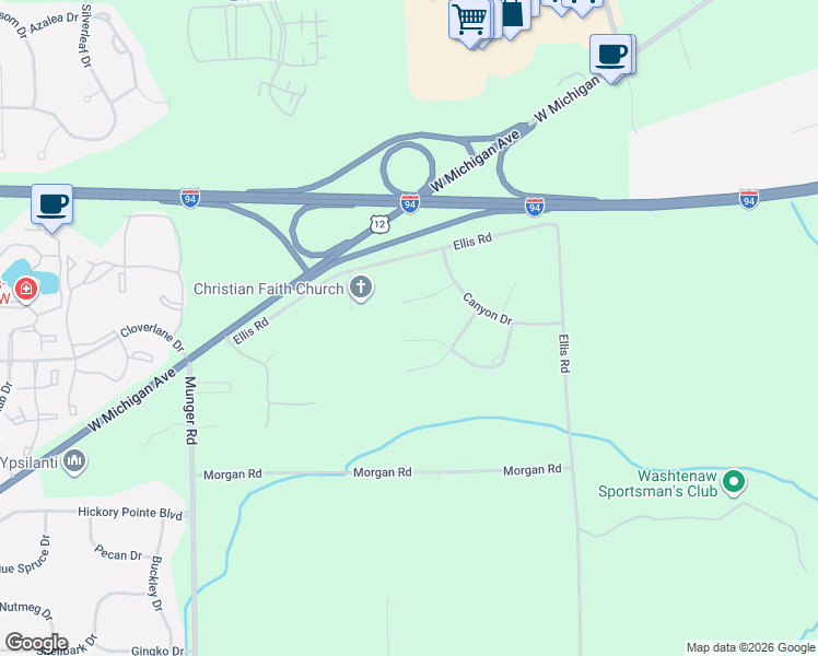 map of restaurants, bars, coffee shops, grocery stores, and more near 1376 Skyway Drive in Ypsilanti