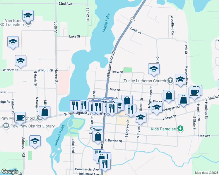 map of restaurants, bars, coffee shops, grocery stores, and more near 404 North Kalamazoo Street in Paw Paw