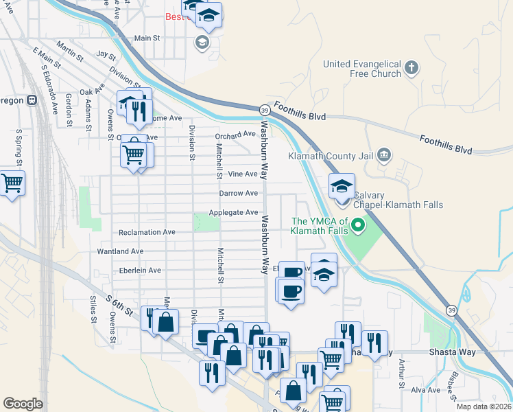 map of restaurants, bars, coffee shops, grocery stores, and more near 2525 Applegate Avenue in Klamath Falls