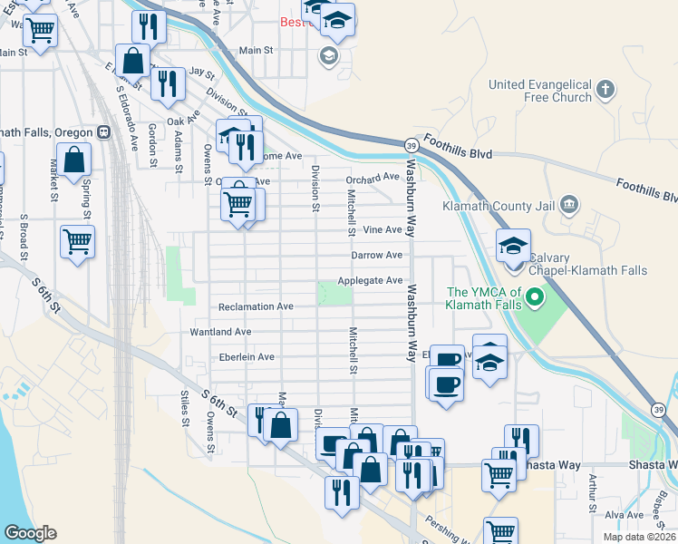 map of restaurants, bars, coffee shops, grocery stores, and more near 2345 Applegate Avenue in Klamath Falls