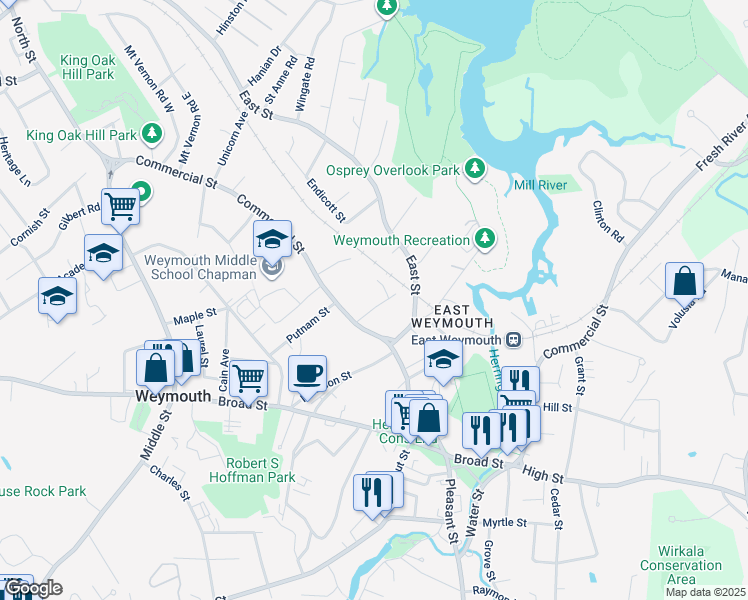 map of restaurants, bars, coffee shops, grocery stores, and more near 6 Drew Avenue in Weymouth