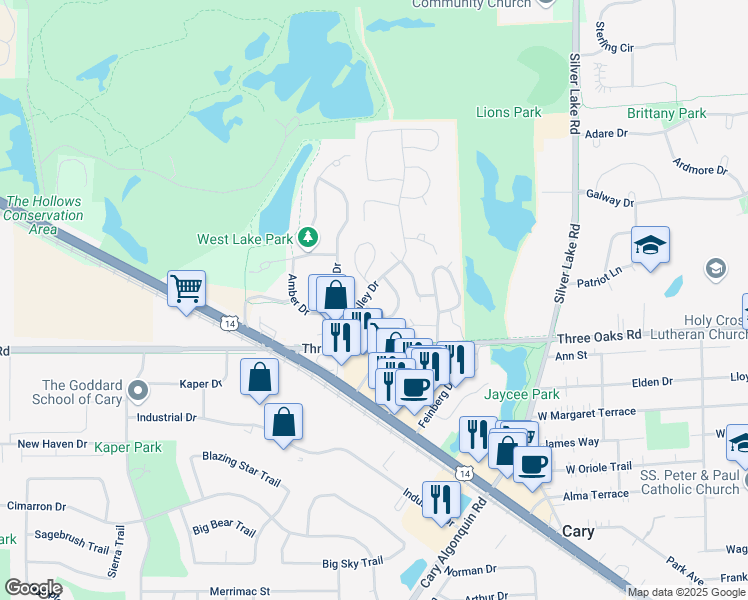 map of restaurants, bars, coffee shops, grocery stores, and more near 30 Oak Valley Drive in Cary