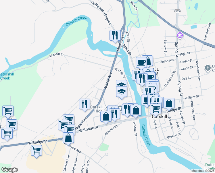 map of restaurants, bars, coffee shops, grocery stores, and more near 144 Maple Ave in Catskill