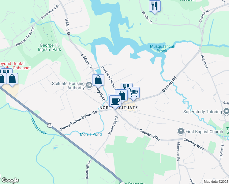 map of restaurants, bars, coffee shops, grocery stores, and more near 19 Mordecai Lincoln Road in Scituate