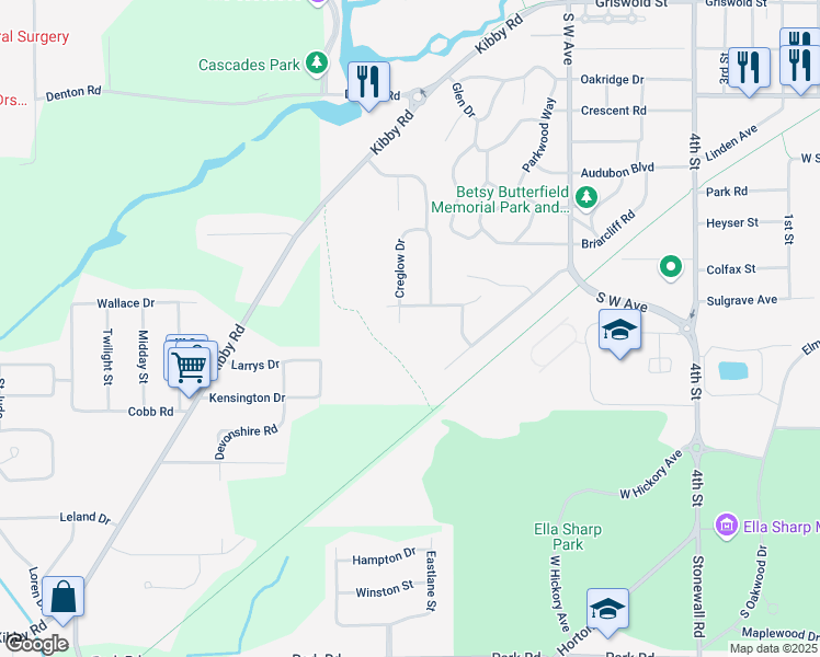 map of restaurants, bars, coffee shops, grocery stores, and more near 2203 Creglow Drive in Jackson