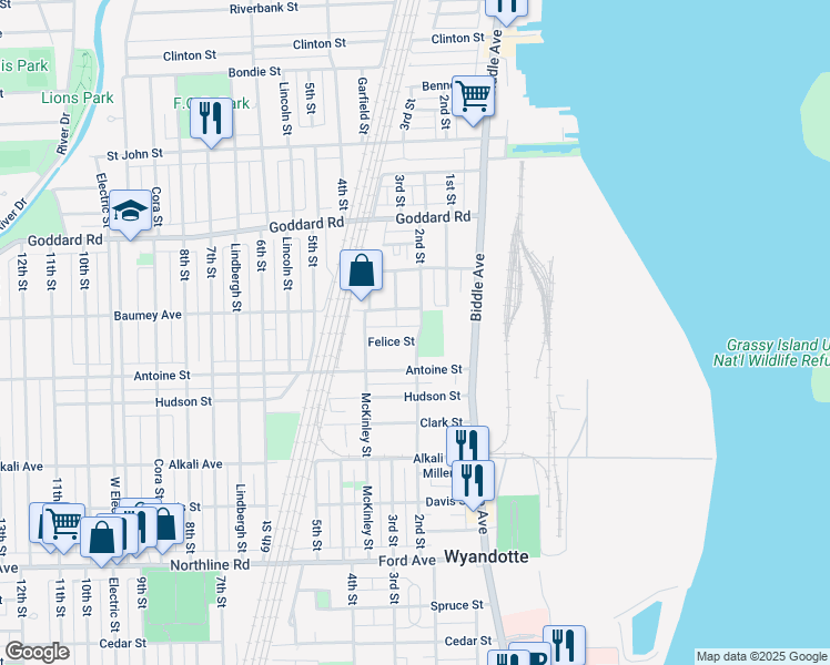 map of restaurants, bars, coffee shops, grocery stores, and more near 1254 2nd Street in Wyandotte
