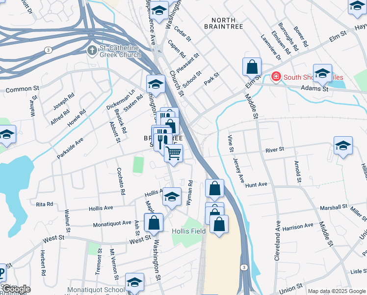 map of restaurants, bars, coffee shops, grocery stores, and more near 35 Hooker Street in Braintree