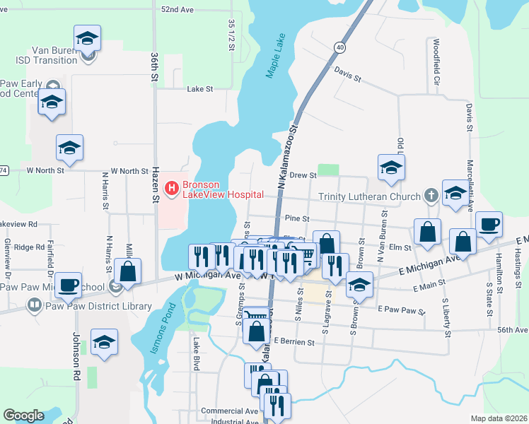 map of restaurants, bars, coffee shops, grocery stores, and more near 111 Pine Street in Paw Paw