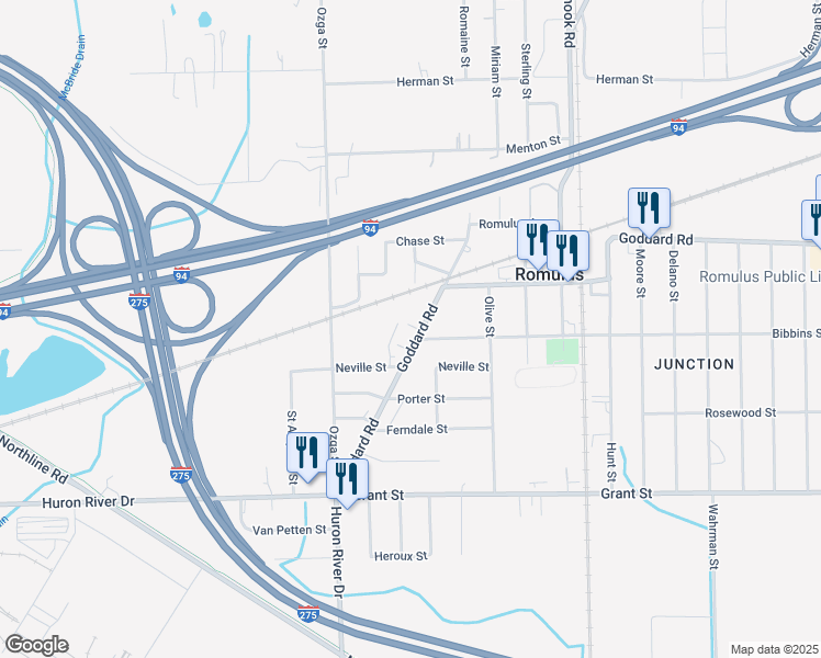 map of restaurants, bars, coffee shops, grocery stores, and more near 36892 Goddard Rd in Romulus