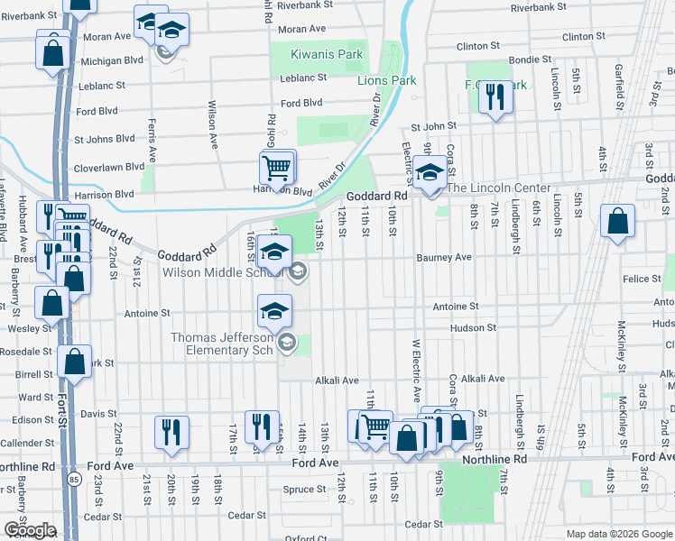 map of restaurants, bars, coffee shops, grocery stores, and more near 1239 12th Street in Wyandotte