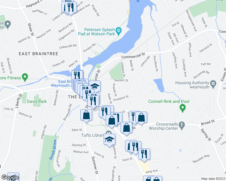 map of restaurants, bars, coffee shops, grocery stores, and more near 56 Granite Street in Weymouth