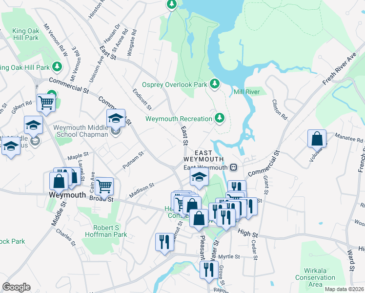 map of restaurants, bars, coffee shops, grocery stores, and more near 29 Drew Avenue in Weymouth