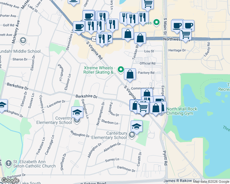 map of restaurants, bars, coffee shops, grocery stores, and more near 568 Somerset Lane in Crystal Lake