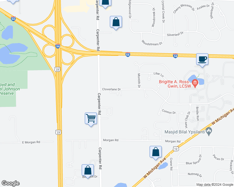 map of restaurants, bars, coffee shops, grocery stores, and more near 4661 Carpenter Road in Ypsilanti