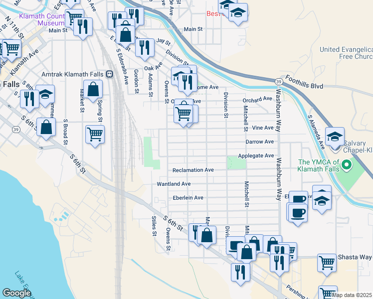 map of restaurants, bars, coffee shops, grocery stores, and more near 930 East Main Street in Klamath Falls