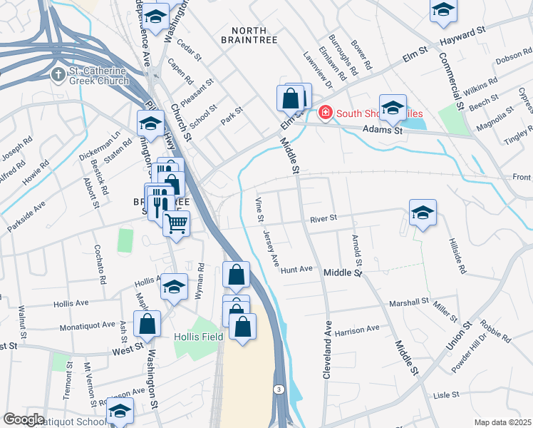 map of restaurants, bars, coffee shops, grocery stores, and more near 130 River Street in Braintree