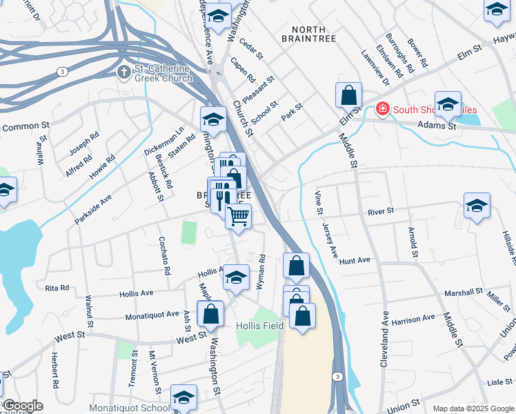 map of restaurants, bars, coffee shops, grocery stores, and more near 35 Hooker Street in Braintree