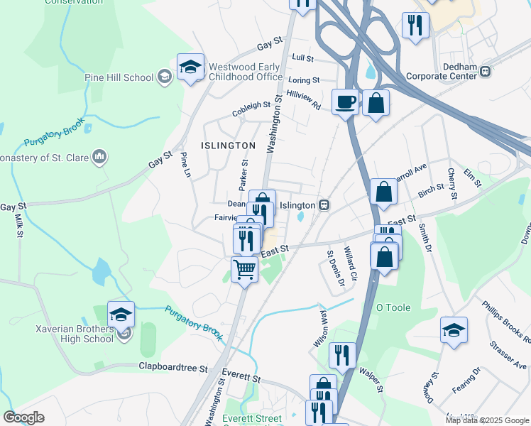 map of restaurants, bars, coffee shops, grocery stores, and more near 15 Pettigrew Place in Westwood