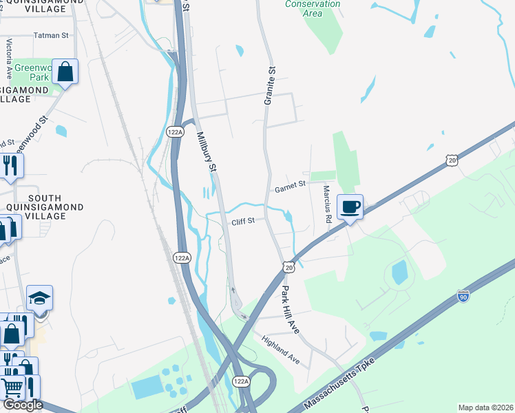 map of restaurants, bars, coffee shops, grocery stores, and more near 23 Cliff Street in Worcester