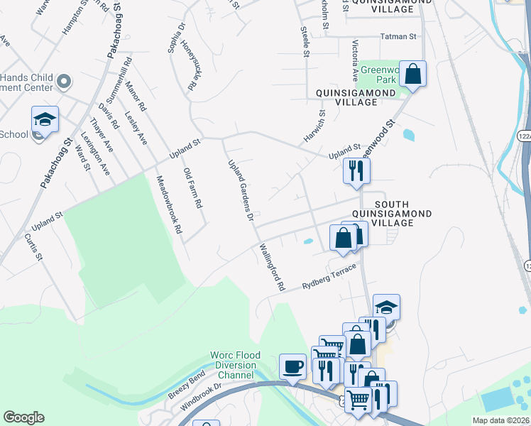 map of restaurants, bars, coffee shops, grocery stores, and more near 56 Spofford Road in Worcester
