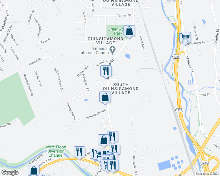 map of restaurants, bars, coffee shops, grocery stores, and more near 257 Greenwood Street in Worcester
