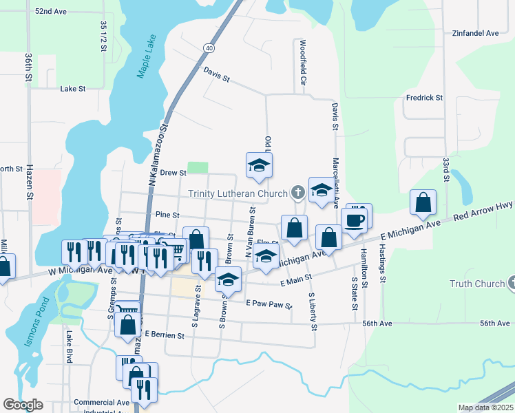 map of restaurants, bars, coffee shops, grocery stores, and more near 416 North Van Buren Street in Paw Paw