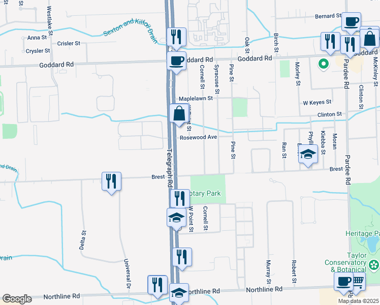 map of restaurants, bars, coffee shops, grocery stores, and more near 11719 Telegraph Road in Taylor