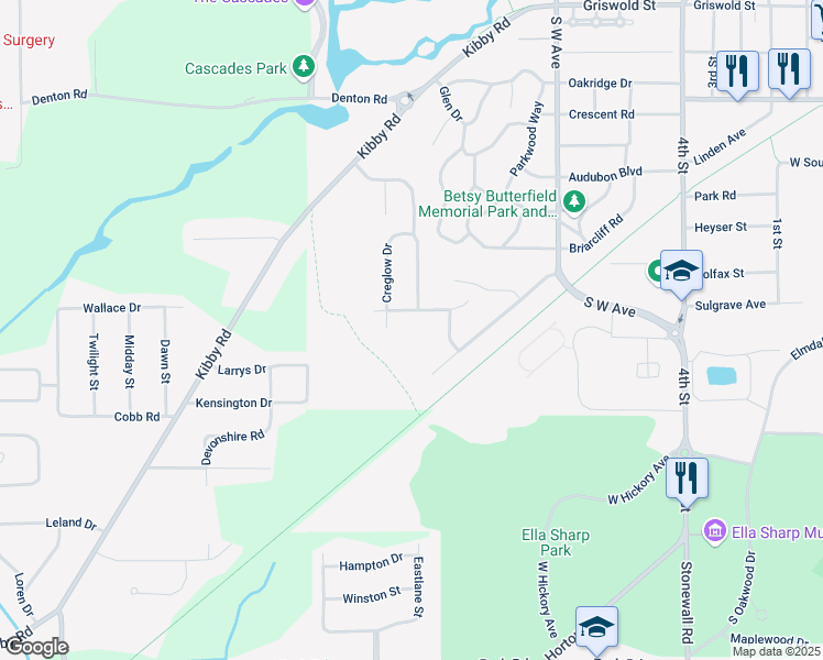 map of restaurants, bars, coffee shops, grocery stores, and more near 2203 Creglow Drive in Jackson