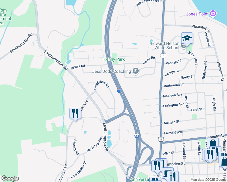 map of restaurants, bars, coffee shops, grocery stores, and more near 25 Longfellow Road in Holyoke