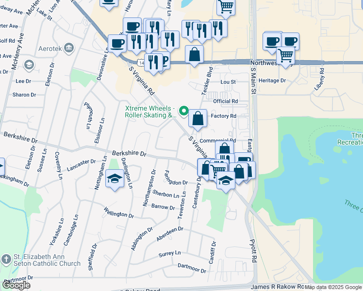 map of restaurants, bars, coffee shops, grocery stores, and more near 568 Somerset Lane in Crystal Lake