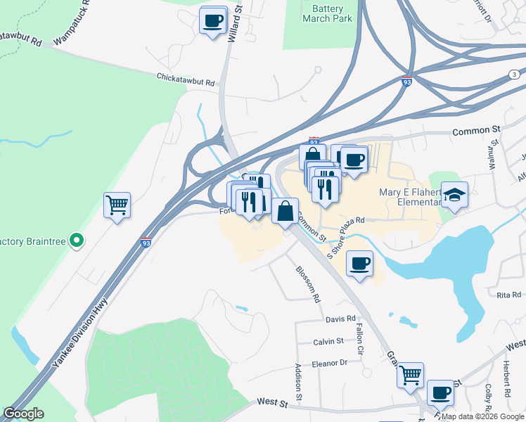 map of restaurants, bars, coffee shops, grocery stores, and more near 37 Forbes Road in Braintree