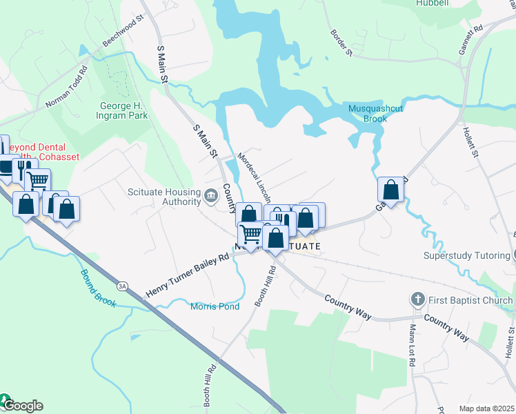 map of restaurants, bars, coffee shops, grocery stores, and more near 19 Mordecai Lincoln Road in Scituate