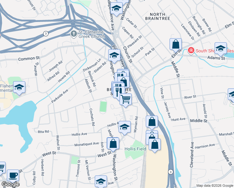 map of restaurants, bars, coffee shops, grocery stores, and more near in Braintree
