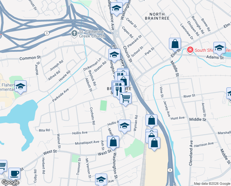 map of restaurants, bars, coffee shops, grocery stores, and more near in Braintree