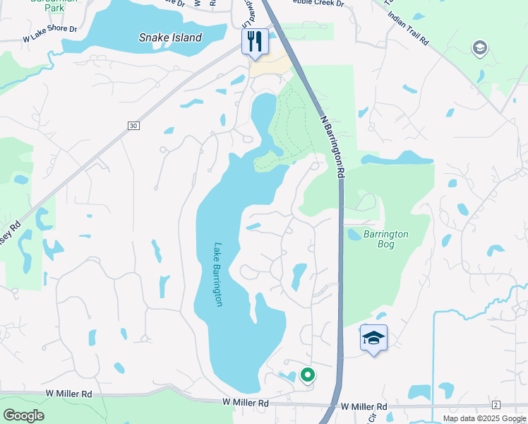 map of restaurants, bars, coffee shops, grocery stores, and more near 321 Island View Lane in Lake Barrington