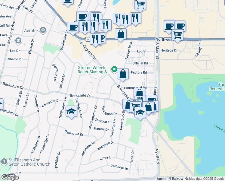 map of restaurants, bars, coffee shops, grocery stores, and more near 568 Somerset Lane in Crystal Lake